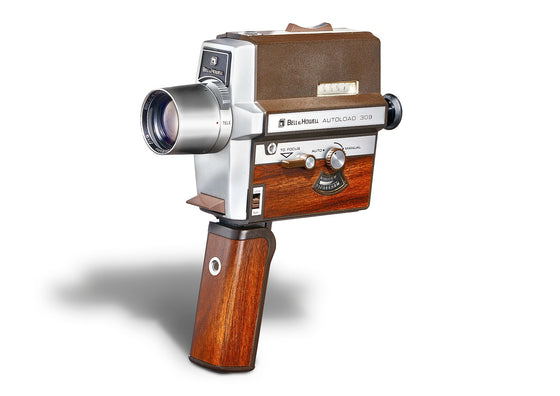 a fine art print of a Bell & Howell Autoload 309 retro camera on white
