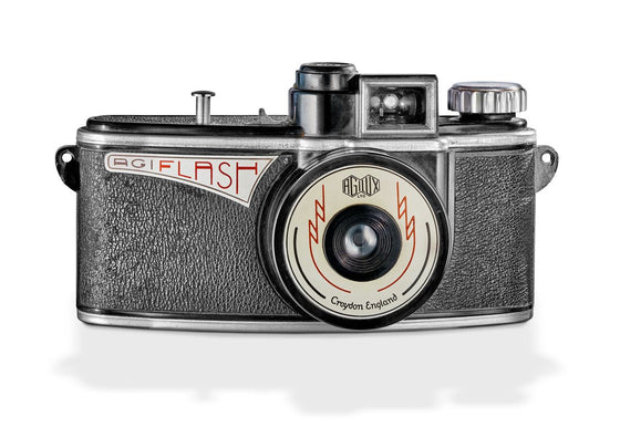 a fine art print of an Agilux Agiflash retro camera on white