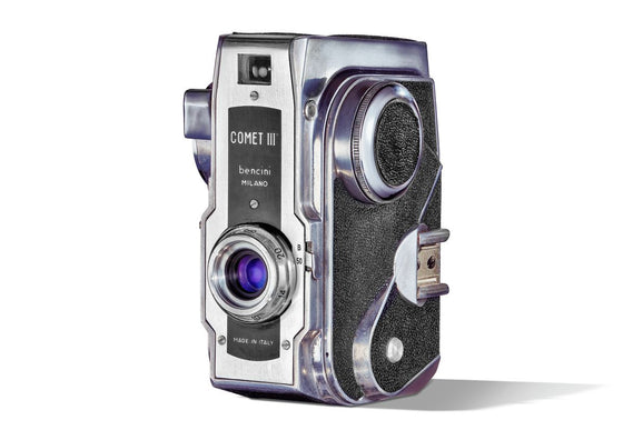 a fine art print of a Bencini Comet III retro camera on white