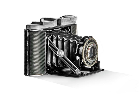 a fine art print of an Agfa Isolette retro camera on white